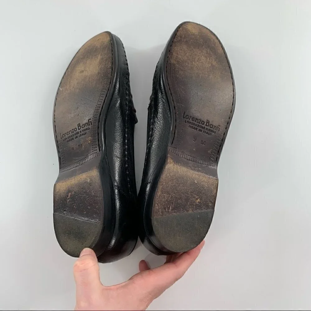 Lorenzo Banfi mens loafers size 9 black Italian leather vintage 80s 90s